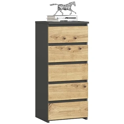 Imagen de AKORD Cómoda con 5 cajones alta Mueble moderno para sala de estar, comedor, dormitorio, entrada baño Armario habitación infantil 35x40x92 cm Gris Grafito &amp; Roble Artisan Frente