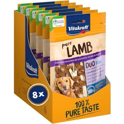 Imagen de Vitakraft Snacks de Carne, Cordero Duo, golosinas para Perros, sin Cereales, Tiras Pescado envueltas con Cordero, azúcar añadido (8 x 80 g)