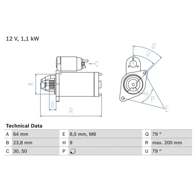 Imagen de BOSCH 0 986 021 240 Motor de arranque 12 1,1 9 OPEL: Corsa D Hatchback, Astra H C FIAT: Punto II Linea