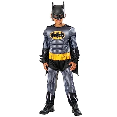 Imagen de Rubies Disfraz Batman Metallic Core Deluxe para niños, Jumpsuit impreso con pecho musculoso, capa y máscara, Oficial DC Comics Carnaval, Halloween, Navidad cumpleaños