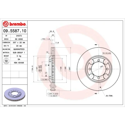 Imagen de BREMBO 09.5587.10 Disco de freno 257 22 4 ventilación interna HYUNDAI: COUPE, LANTRA 2