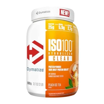 Imagen de Dymatize ISO 100 Hydrolyzed Clear Peach Ice Tea 900g Hidrolizado de proteína suero transparente + aislado en polvo