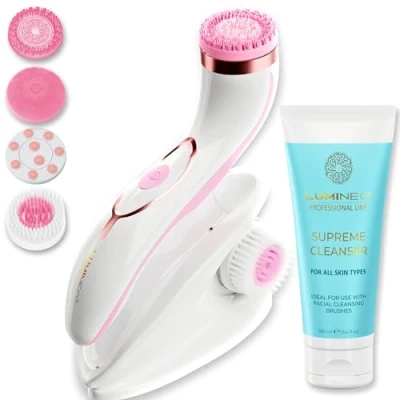 Imagen de Lumineo PRO limpieza facial profunda, cepillo con 4 accesorios de cepillo, silicona médica, USB C, IPX6 resistente al agua, gel limpiador a juego para todo tipo pieles (rosa).