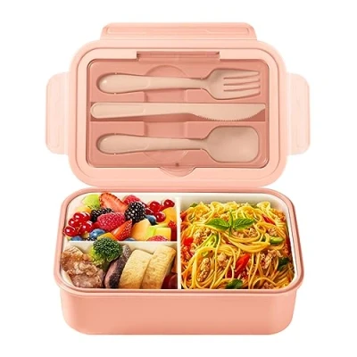 Imagen de Diboniur Fiambrera con cubiertos, 1400 ml de capacidad, 3 compartimentos, ideal para el almuerzo, la oficina, microondas (rosa)