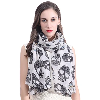 Imagen de Lina &amp; Lily Bufanda Mujer con Estampado de Calaveras Azúcar el día los Muertos (Blanco)