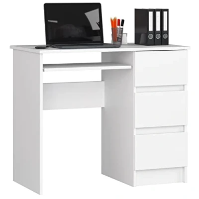 Imagen de AKORD Escritorio a 6 con Estante para Teclado y 3 cajones la Izquierda o Derecha de Oficina Ahorrar Espacio 90x77x50cm 30 kg Blanco