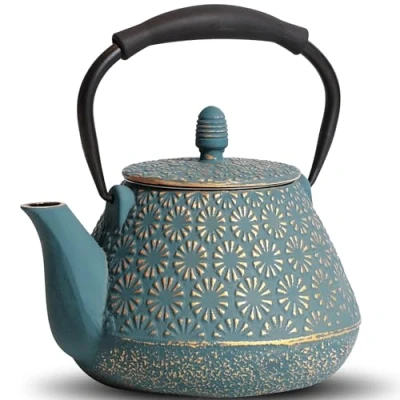 Imagen de MILVBUSISS Tetera de hierro fundido, 950 ml, con patrón flor Sakura japonesa, apta para estufa, infusor hojas sueltas y café, mango silicona, interior esmaltado, 32 onzas, azul