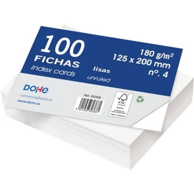 Imagen de Dohe Fichas Lisas de Cartulina (100 uds.) Tarjetas para Escribir Notas, Tamaño 20x12,5 cm, 180 gr/m², N.º 4, Material Oficina Color Blanco
