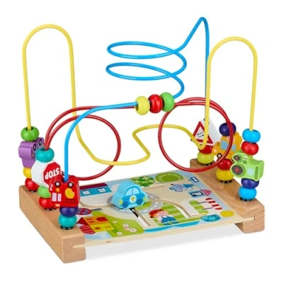 Imagen de Relaxdays Laberinto de Cuentas, Juego Motricidad Madera, con Vehículos, Juguete Infantil a Partir 3 Años, Colorido, 21 x 22,5 14,5 cm