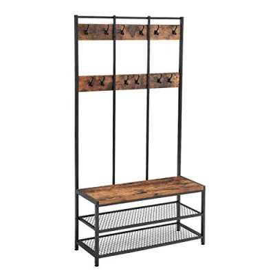 Imagen de VASAGLE Perchero Grande, Mueble de Entrada, con 12 Ganchos y Banco para Zapatos, Estilo Industrial, Vestuario, estantería, Oficina, Dormitorio, Marco Acero, marrón rústico Negro HSR86BX