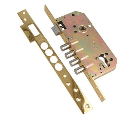 Imagen de Amig Cerradura de Embutir Con Bulones para Puertas Madera Mod. 100 50/85 mm Cilindro y Escudo Seguridad Picaporte Reversible Acero Latonado Barnizado