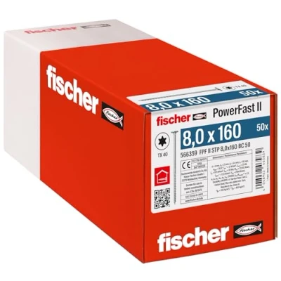 Imagen de fischer PowerFast II 566359 STP Tornillo para madera (8,0 x 160, 50 unidades), color plateado