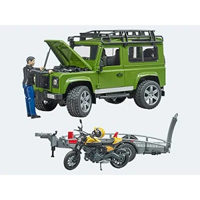 Imagen de bruder 02589 Land Rover Defender con remolque, Scrambler Ducati Full Throttle, conductor, vehículo todoterreno, jeep, moto