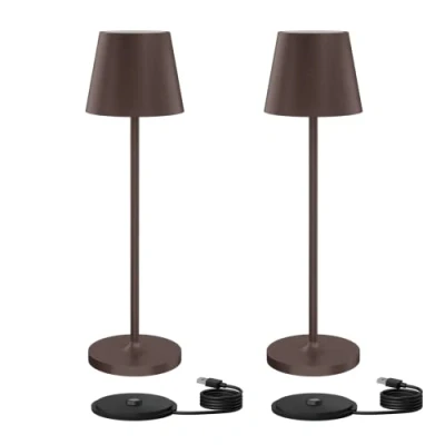 Imagen de Klighten 2 Piezas LED Lámpara de mesa Regulable Recargable, escritorio Carga USB, Color óxido, 3000K luz cálida, Aluminio, Imperméable IP54, para Interiores y Exteriores
