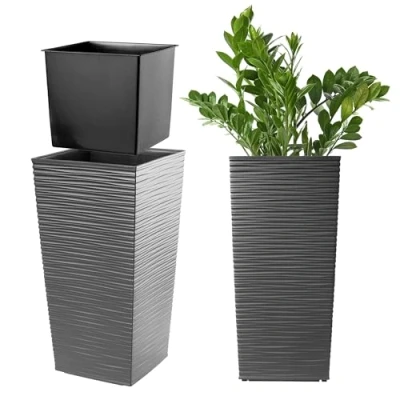 Imagen de KADAX Macetero Alto de Diseño Moderno para Plantas Interior y Exterior, Maceta Grande Plástico, Jardinera Alta (Texturizado, Grafito, 36 cm)