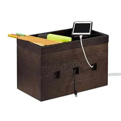 Imagen de Relaxdays Organizador Cables, Bambú, Marrón, 16,5 x 25,5 14 cm