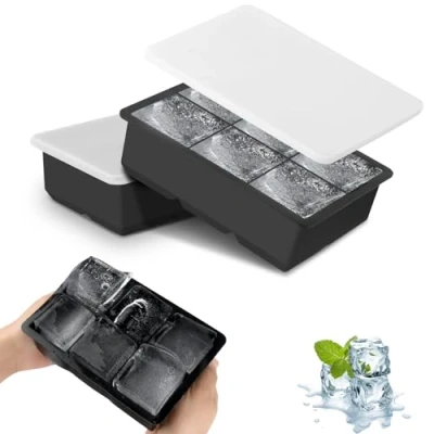 Imagen de JOPHEK Bandejas de Cubitos Hielo, 2 Piezas 12 Cubos Silicona Moldes para Hielo con Tapa, Cuadrados Grandes 4,8cm Cócteles, Whisky, Vino, Frutas, Puré Frutas