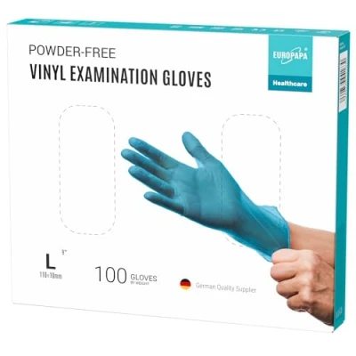 Imagen de EUROPAPA® 100 Guantes De Vinilo Desechables, Sin LÁTex, Polvo, En Tallas S, M, L Y XL, Disponibles (Negro Premium, L)