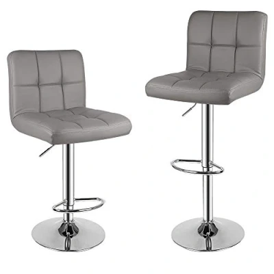 Imagen de bigzzia Taburete de Bar Juego 2, Taburetes Altos Cocina, Cuero Sintético Silla Regulable en Altura con Respaldo y Reposapiés, Giratorio 360, para Mostrador, Bar, Gris