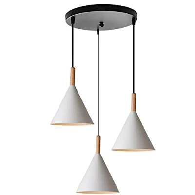 Imagen de Hongho 3 Luces Lámparas Colgantes de Techo Led Modernas Pantallas Lamparas Metal Madera Iluminación Colgante Salon Cocina (Blanco (Accesorios Negros))