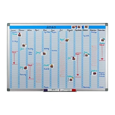 Imagen de Relaxdays Pizarra Magnética, Planificador Anual, Reutilizable, Organizador, Bandeja para Bolígrafos, 60 x 90 cm, Blanco