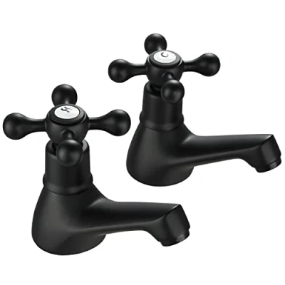 Imagen de Wasserrhythm Par de grifos para lavabo color negro, estilo victoriano, doble baño, con palanca dos agujeros