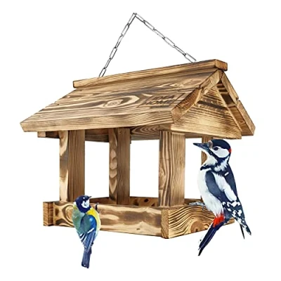 Imagen de Idea Home Maxi Madera, Comedero para Pájaros Colgante de Cadena, Bandeja Alimentación Exteriores con Techo, Alimentar a Las Aves Silvestres, Listo Usar, no Requiere Montaje