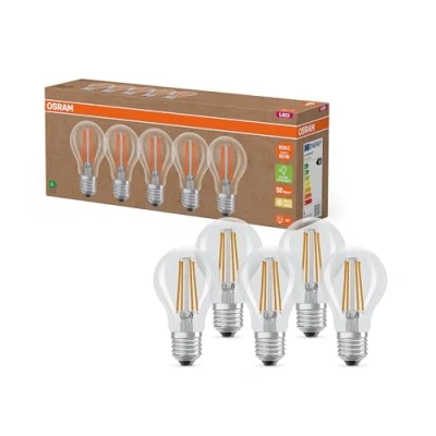 Imagen de OSRAM Lámparas LED de alta eficiencia con clase energética A, Paquete 5 bombillas, reemplaza 60W, blanco cálido (2700K), E27, vidrio filamento