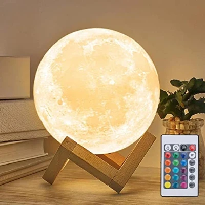 Imagen de Mydethun Lámpara de Luna 16 Colores Decoración del Hogar, Luz Fiesta con Control Brillo, LED Noche, Dormitorio, Regalo Cumpleaños, Mando a Distancia y Base Madera, 5.9“