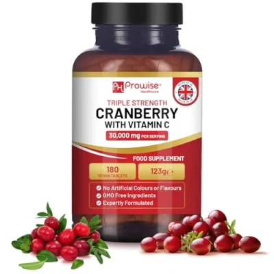 Imagen de Arándano rojo de triple potencia 30 000 mg añadido con vitamina C 180 Comprimidos veganos I fáciles tragar Fabricado en el Reino Unido por Prowise Healthcare