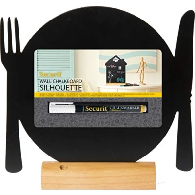 Imagen de Securit Pizarra (incluye rotulador de tinta blanca, madera teca), diseño silueta plato con cubiertos, color negro
