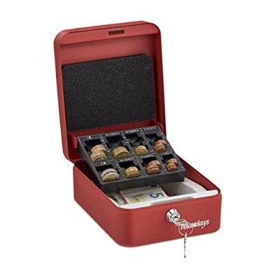 Imagen de Relaxdays Caja Dinero, con Cierre, Contador de Monedas, Acero, Portátil, Cambio y Billetes, 8,5 x 16 20 cm, Rojo