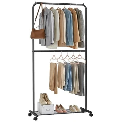 Imagen de SONGMICS Perchero Burro, Burro de Ropa con 2 Barras, Marco Metal, Barra Colgante 91 cm Ancho, Estante, Ruedas Bloqueables, Cada Soporta hasta 20 kg, Negro HSR027B01