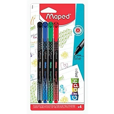 Imagen de Maped Graph&#039;Peps Deco Fieltros de punta fina 0,4 mm, resistente, comodidad escritura y dibujo, 4 bolígrafos fieltro, color negro, verde, rojo, azul