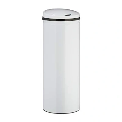 Imagen de Relaxdays Cubo de Basura, 50L, Redondo, Tapa eléctrica, Sensor Movimiento, Grande, Acero Inoxidable, 80x30 cm, Blanco