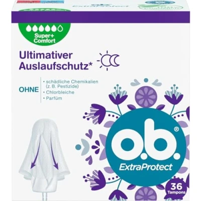 Imagen de o.b. ExtraProtect Super + Comfort (36 unidades), tampones para días muy fuertes, tecnología Dynamic Fit y alas de protección extra hasta un 100% contra fugas durante el período