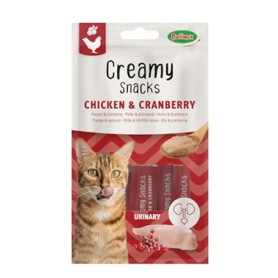 Imagen de Bubimex Creamy Snacks Pollo y arándano Dulces cremas para lamer Gatos Textura Lisa, cremosa apetitosa Estimula el apetito favorece la hidratación 4 x 15 g