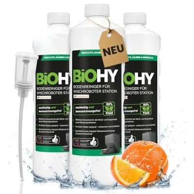Imagen de BiOHY Limpiador de suelos para robot fregado con aroma a naranja (3 x 1 litro) + dosificador, concentrado limpieza todos los robots limpiadores y aspiradores función húmeda, brazo