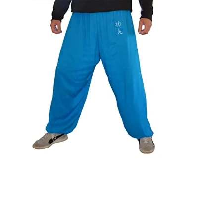 Imagen de Pantalones Kung Fu Style Tai Chi y Wing Chun Hombre Mujer sueltos agradables de viscosa, Azul Azur Fu, L