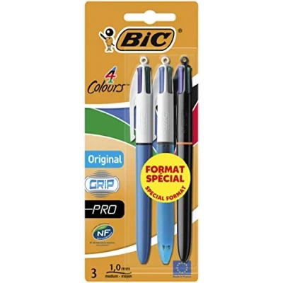 Imagen de bolígrafos originales BIC 4 Colours, paquete variado de 3, incluye Original, Grip y Pro colores con punta 1 mm, azul, verde, rojo negro (el embalaje puede variar)
