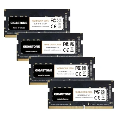 Imagen de 【DDR4 RAM】 GIGASTONE 64GB Kit(4x16GB) DDR4 2666MHz(2400MHz or 2133MHz) PC4 21300(PC4 19200/17000) CL19 1.2V SODIMM 260pin sin búfer ECC Laptop Portátil de Memoria Alto Rendimiento Actualización