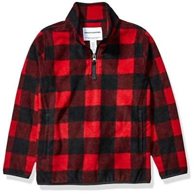 Imagen de Amazon Essentials Chaqueta con Cremallera de un Cuarto Forro Polar Niño, Rojo Cuadros Grandes, 9 años