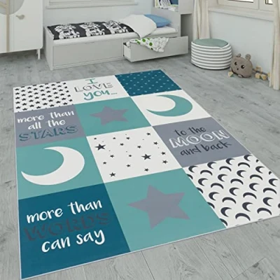 Imagen de Paco Home Alfombra Infantil, Habitación Infantil con Motivos De Estrellas, Luna Y Cuadros, tamaño:160x230 cm, Color:Antracita 2