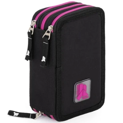 Imagen de Julian Ross Estuche triple relleno para niños, 45 accesorios escolares primarios, 3 cremalleras, compartimentos organizados, ceras, rotuladores, pegamento, tijeras, Negro Fucsia, Portalápices