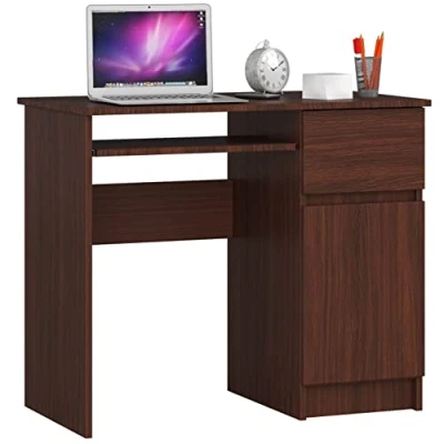 Imagen de AKORD Escritorio con Estante para Teclado de Oficina Cajón y Contenedor en el Lado Derecho Computadora PC Portátil 90x77x50 cm 30 kg Wengé