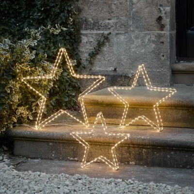 Imagen de Lights4fun Juego de 3 Estrellas Luminosas 3D en Metal Dorado con 402 Micro LED Blanco Cálido Decoración Navideña para Interiores y Exteriores