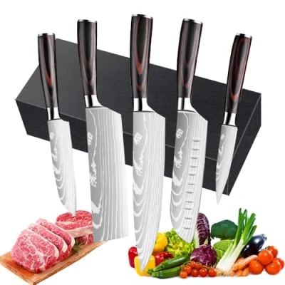 Imagen de Dfito Juego de 5 Cuchillos Cocina, Profesional Set Cocina Acero Inoxidable, para Cocineros Profesionales y Aficionados Cuchillo Chef Cortar Fruta Carne Pescado Verduras