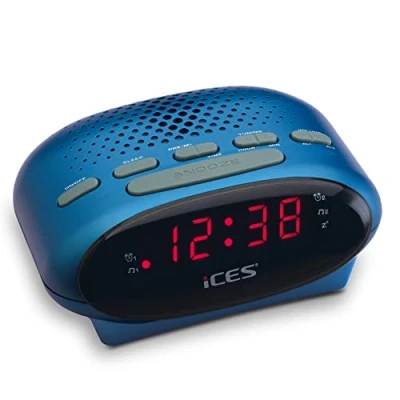 Imagen de Ices ICR 210 Blue radio reloj FM despertador con 2 tiempos de alarma PLL función repetición temporizador apagado reserva marcha compacto azul