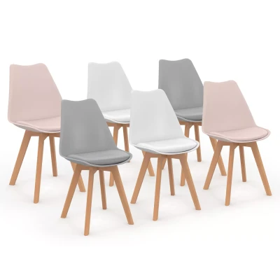 Imagen de IDMarket Juego de 6 sillas escandinavas SARA Mix Color Pastel Rosa x2, gris claro x2 y blanco