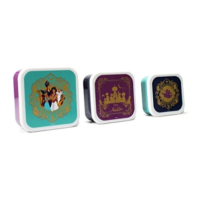 Imagen de Disney Aladdin Juego de 3 loncheras con tapas, sin BPA, para alimentos, la escuela, aperitivos, el almuerzo